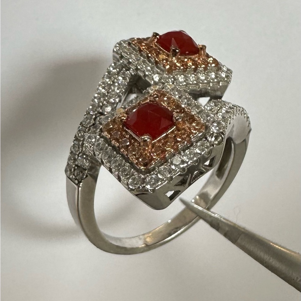 Sterling Silver Double Square Red Gem Halo Ring